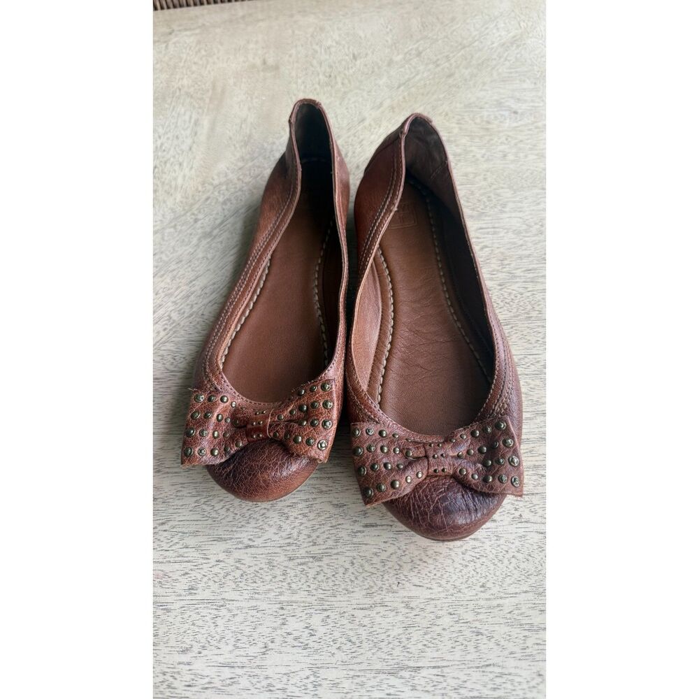 Frye Brown Leather Ballet Flats Studded Bow Distressed Western Boho Shoes